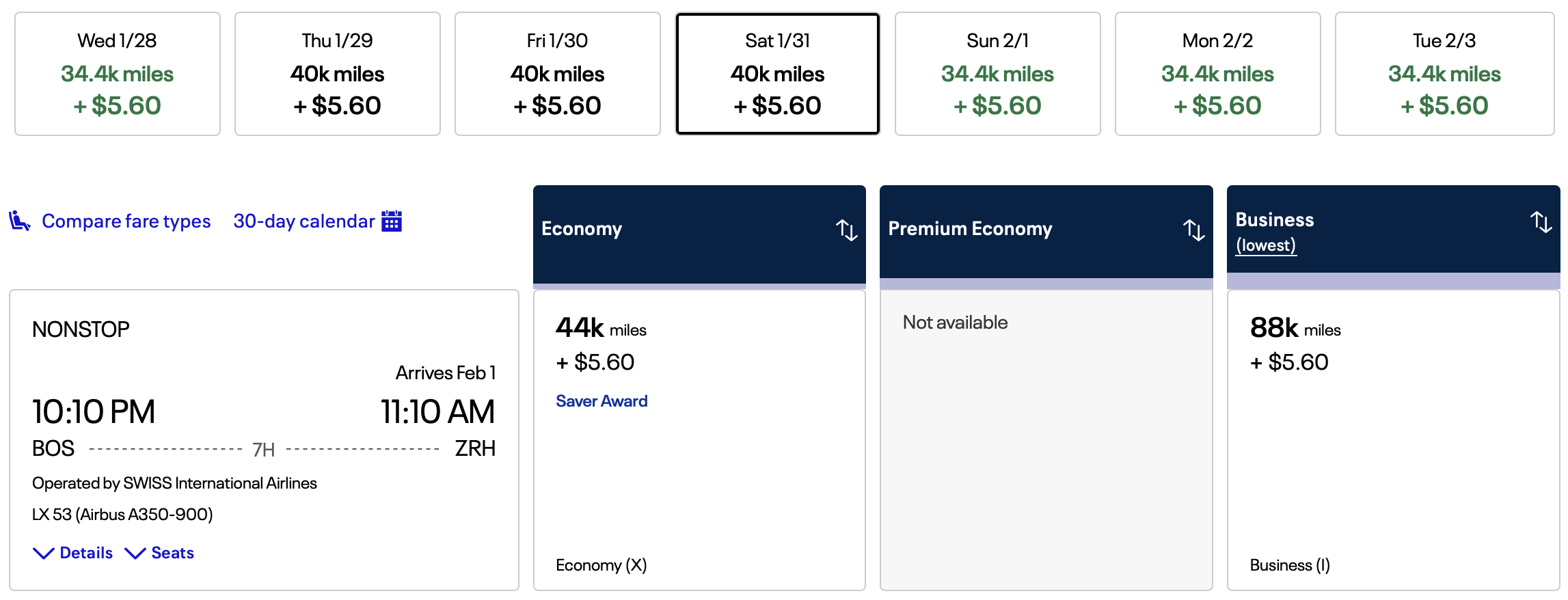 United award booking on the SWISS A350 from BOS to ZRH.