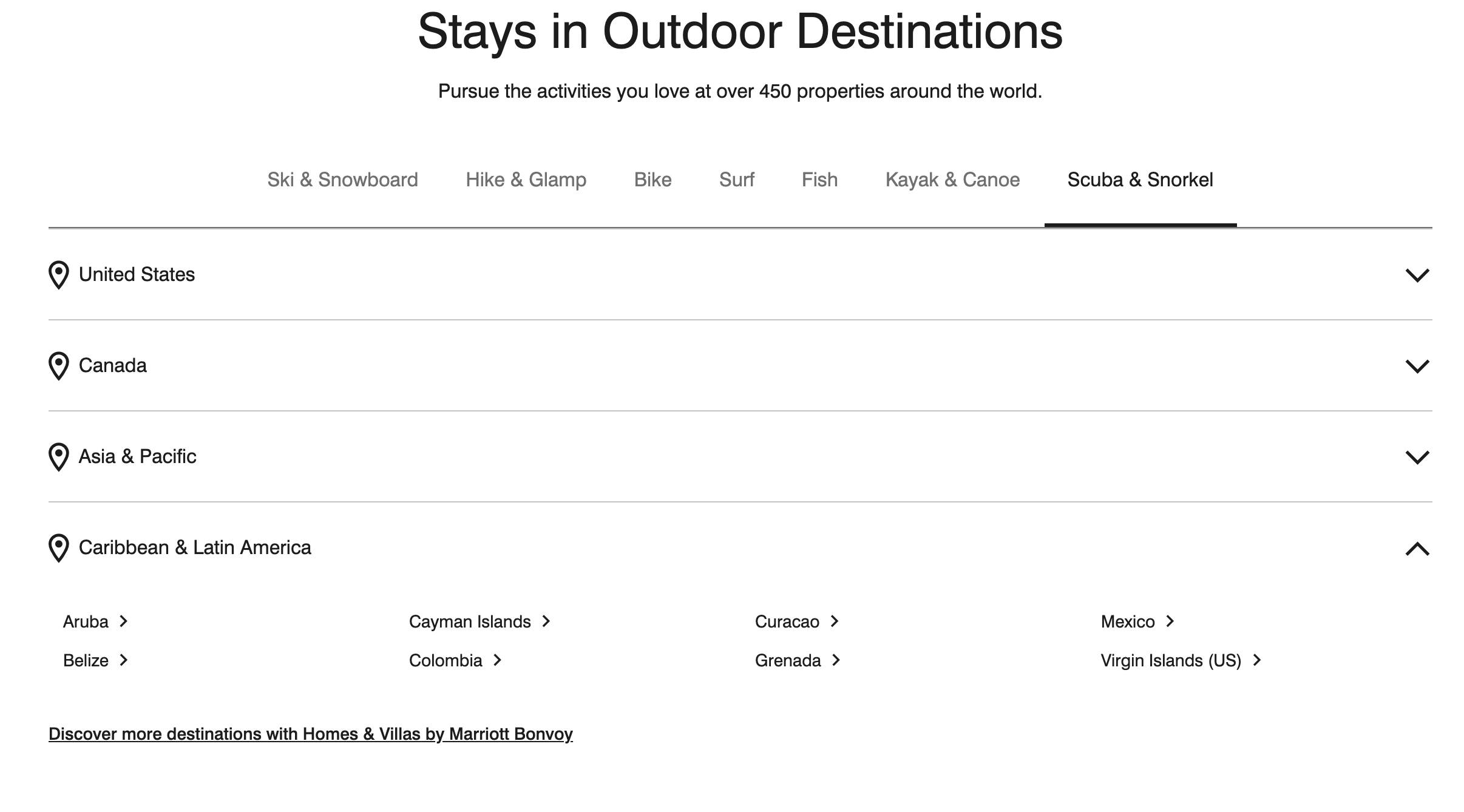 A screenshot of scuba and snorkel destinations in the Caribbean and Latin America