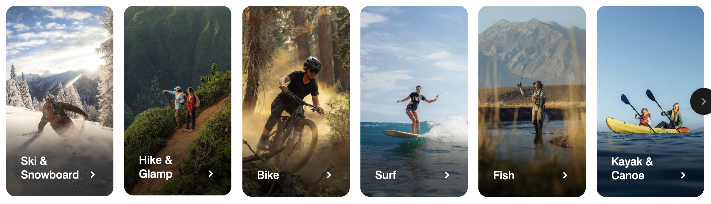 A screenshot of the Marriott Bonvoy Outdoors activity verticals