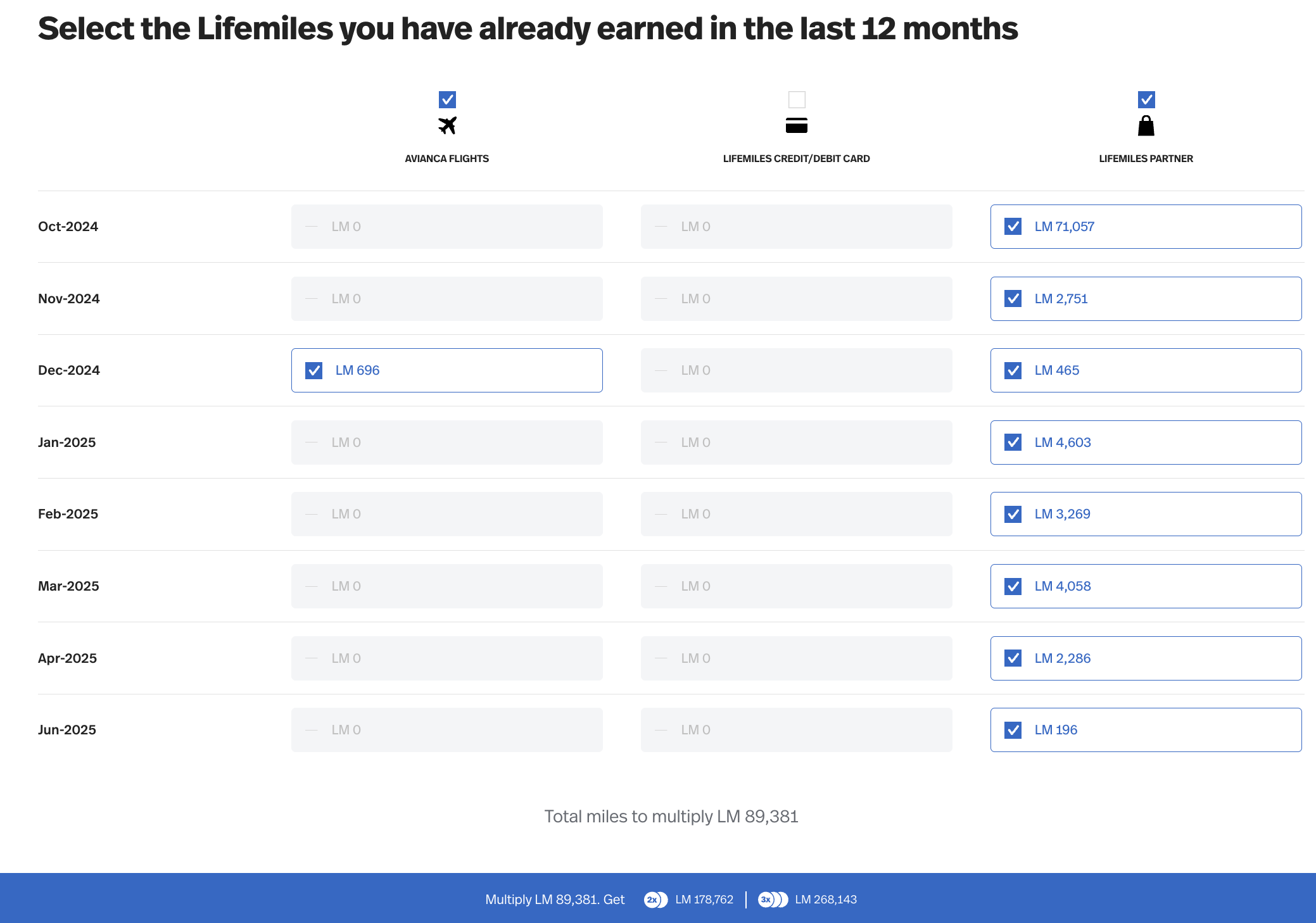 A screenshot of Lifemiles earning activity over the last 12 months