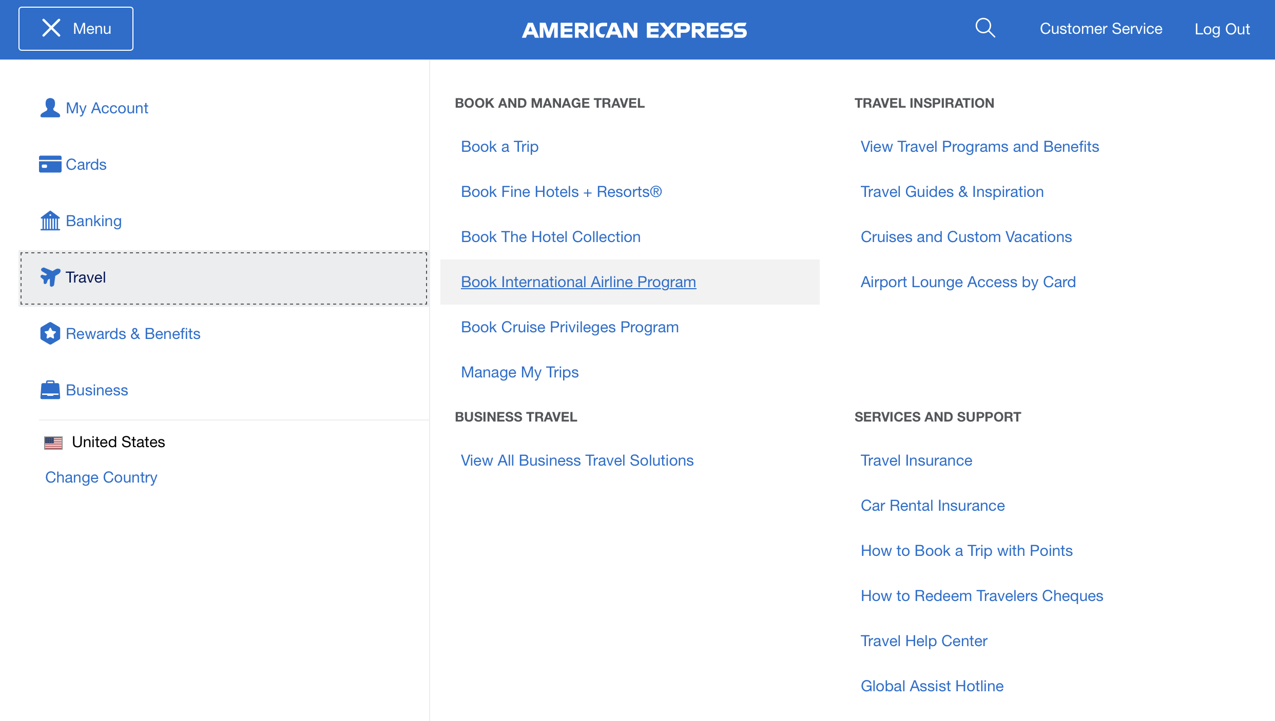 A screenshot showing the travel section from the American Express tool bar