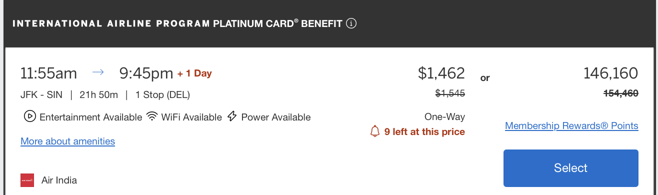 A screenshot of an Air India flight eligible for the IAP benefit