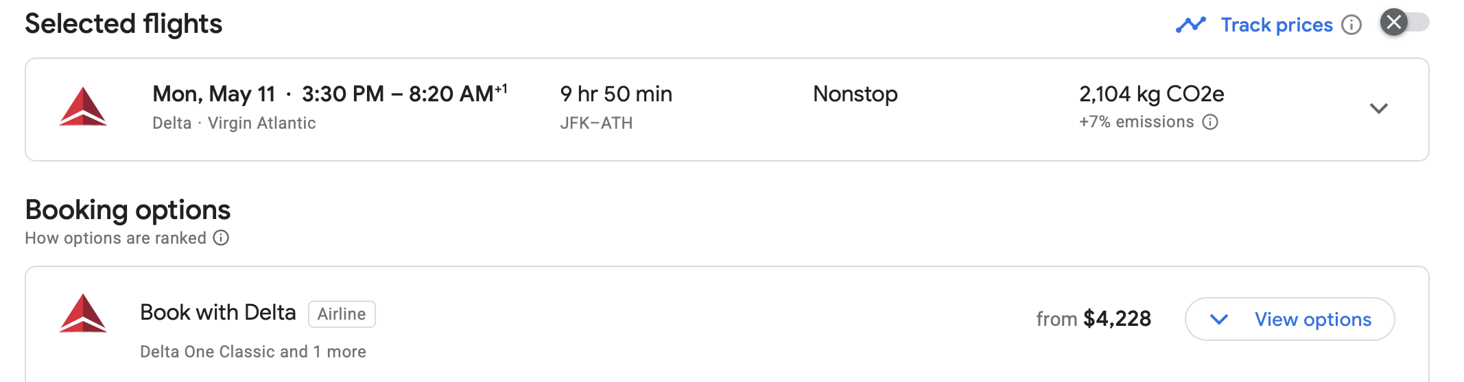 A screenshot of a flight from JFK to ATH in Delta One