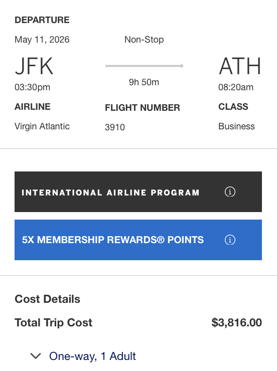 A screenshot of a flight from JFK to ATH through IAP