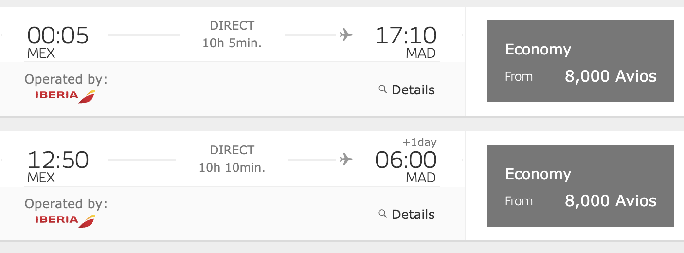 A screenshot of a flight from MEX to MAD for 8,000 Avios