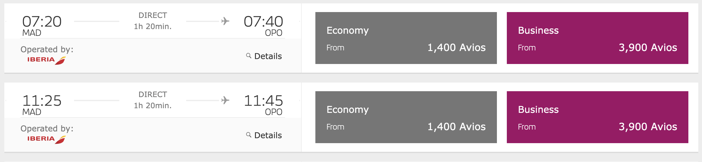 A screenshot of a flight from Madrid to Porto