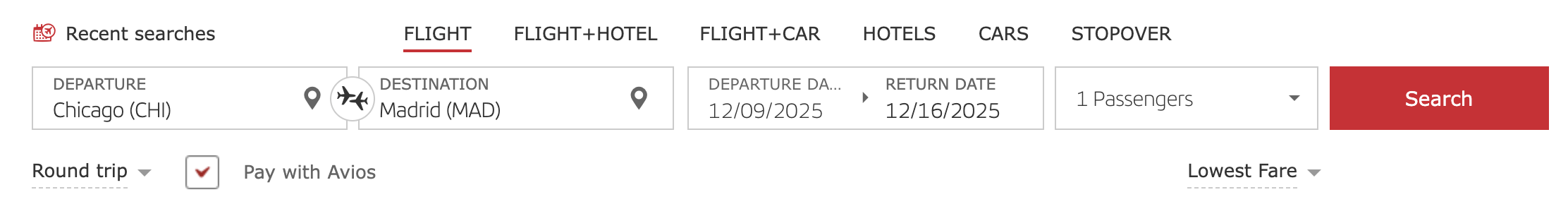A screenshot of the Iberia Avios search page