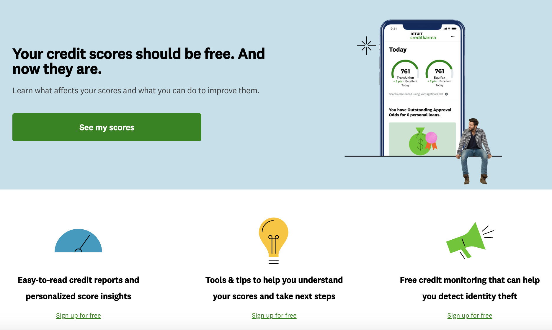 Light blue and white background with black text showing a phone with credit scores