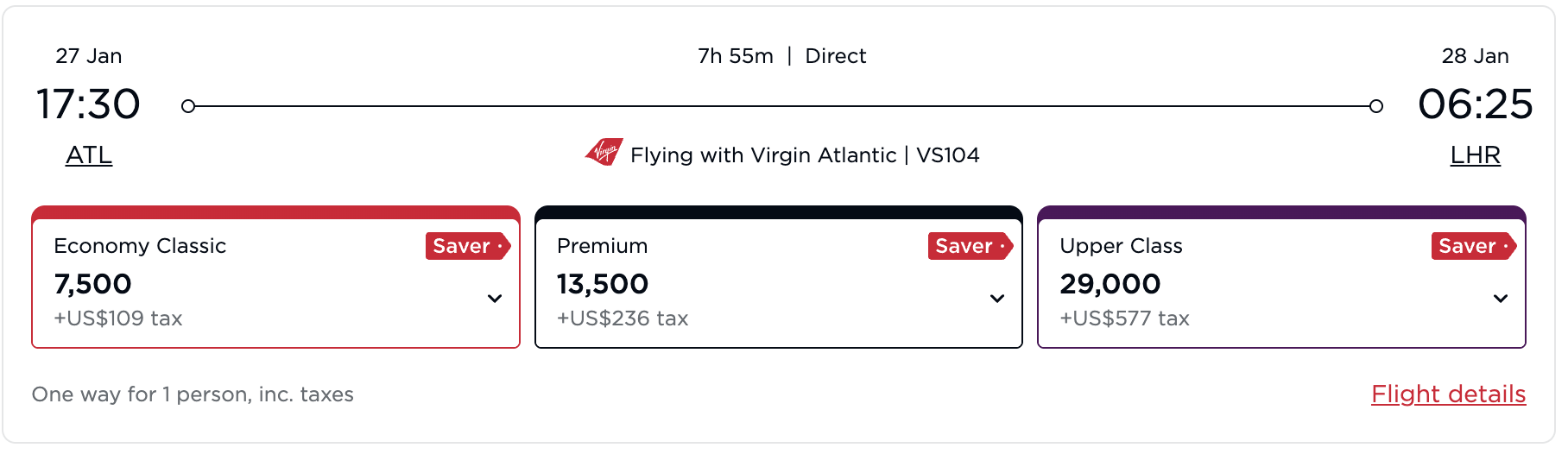 Virgin Atlantic awards from ATL to LHR.