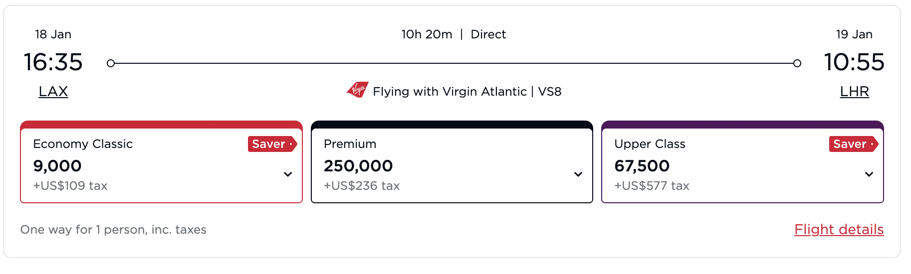 Virgin Atlantic awards from LAX to LHR.