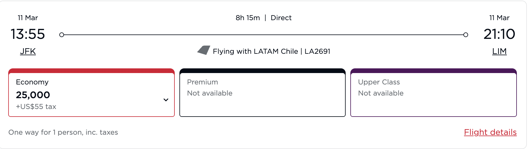 A flight from JFK to LIM operated by LATAM booked through Virgin Atlantic