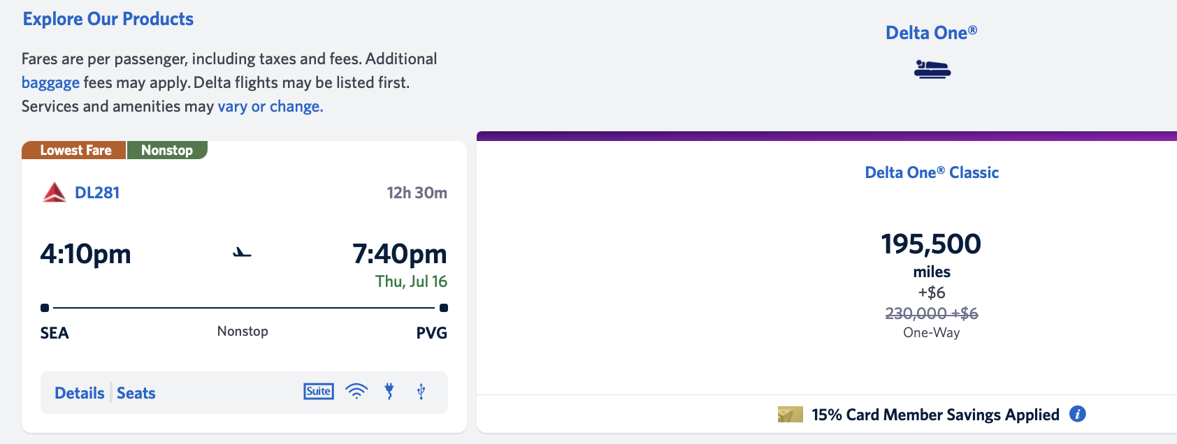 SEA to PVG in Delta business class bookable with Delta SkyMiles.
