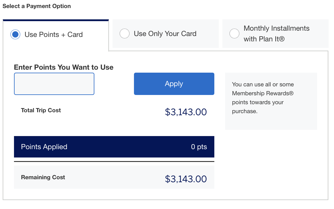 Screenshot of Amex Travel option to use points plus card
