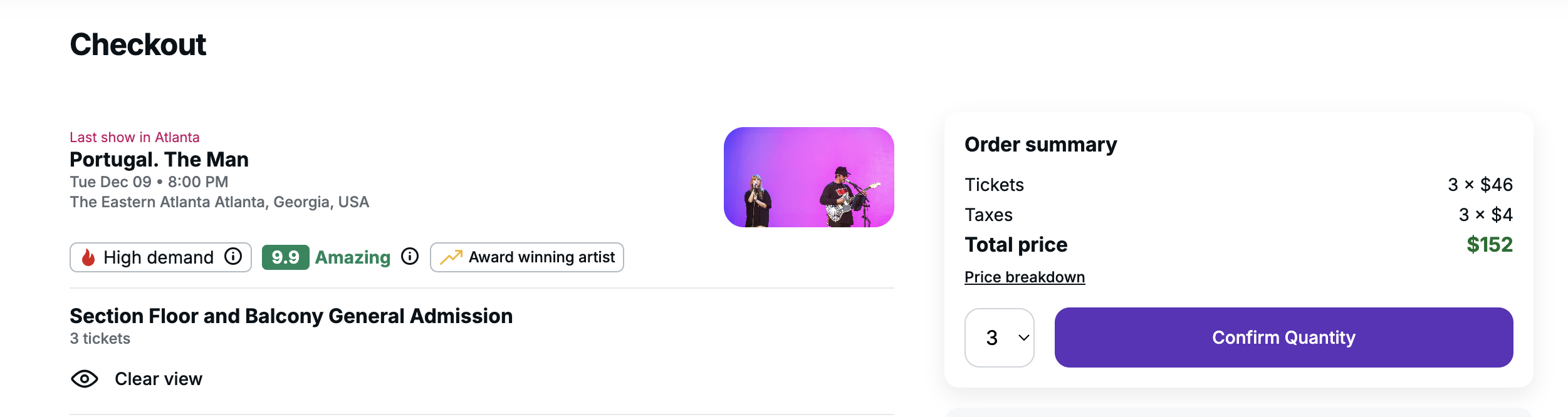 Stubhub checkout page for Portugal. The Man concert