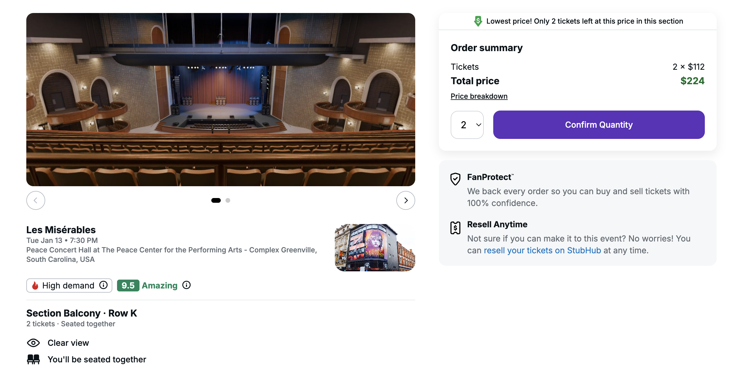 StubHub checkout page for tickets to Les Miserables in Greenville, South Carolina