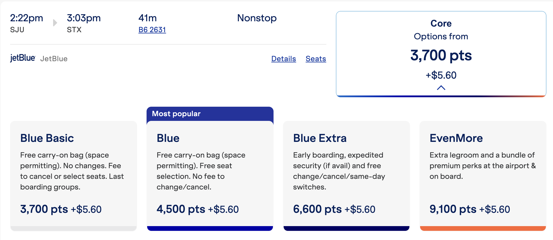 Screenshot showing JetBlue TrueBlue award search results showing 3,700-point award from San Juan to St. Croix