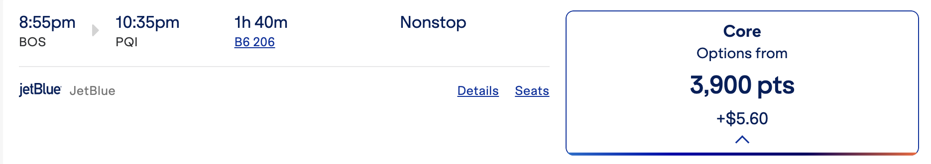 Screenshot showing JetBlue TrueBlue award search results showing 3,900-point award from Boston to Presque Isle