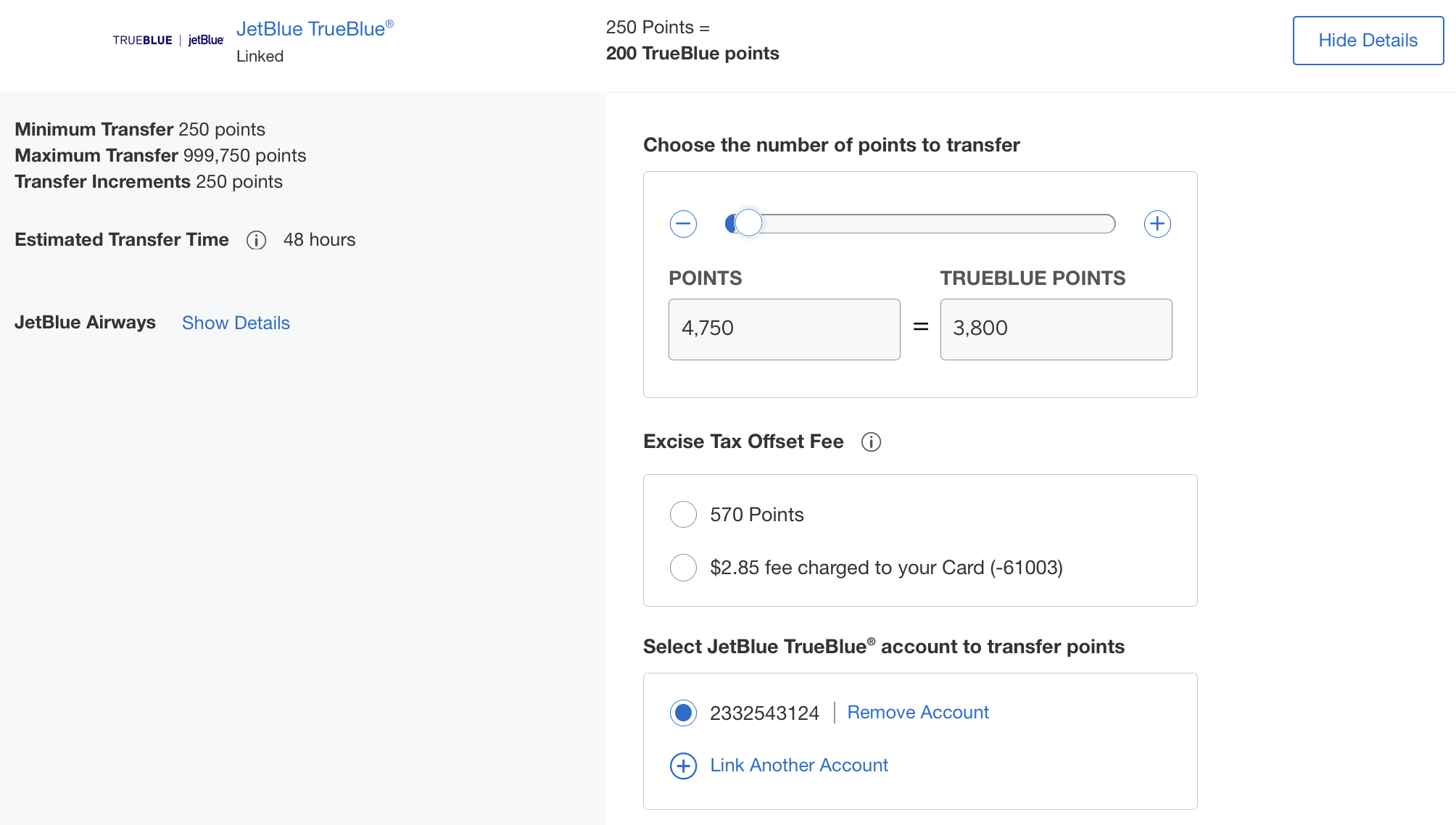 Screenshot showing fees on a transfer of 4,750 Amex Membership Rewards points to 3,800 JetBlue TrueBlue