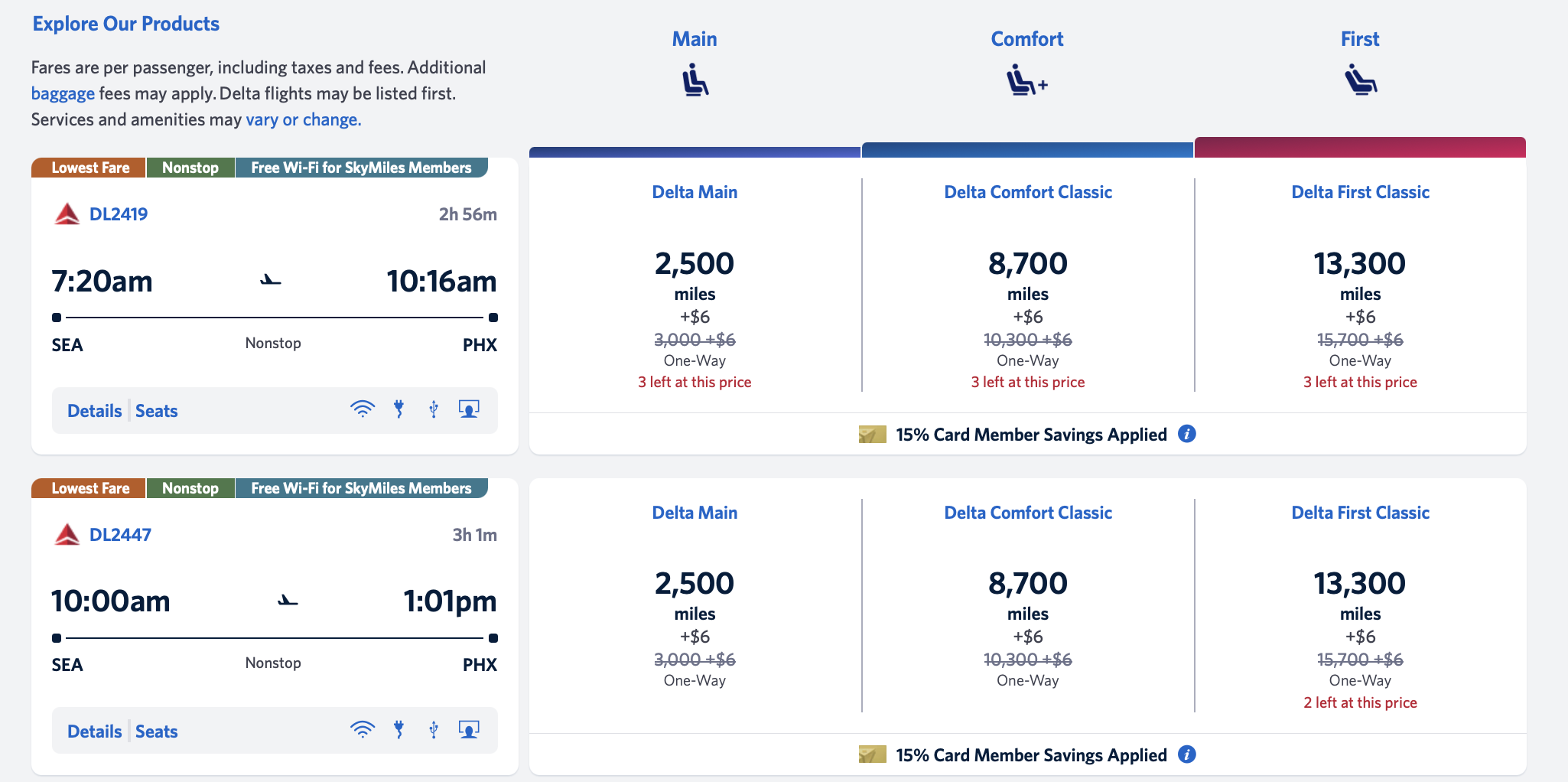 Screenshot showing Delta award flight for 2,500 SkyMiles after cardholder discount