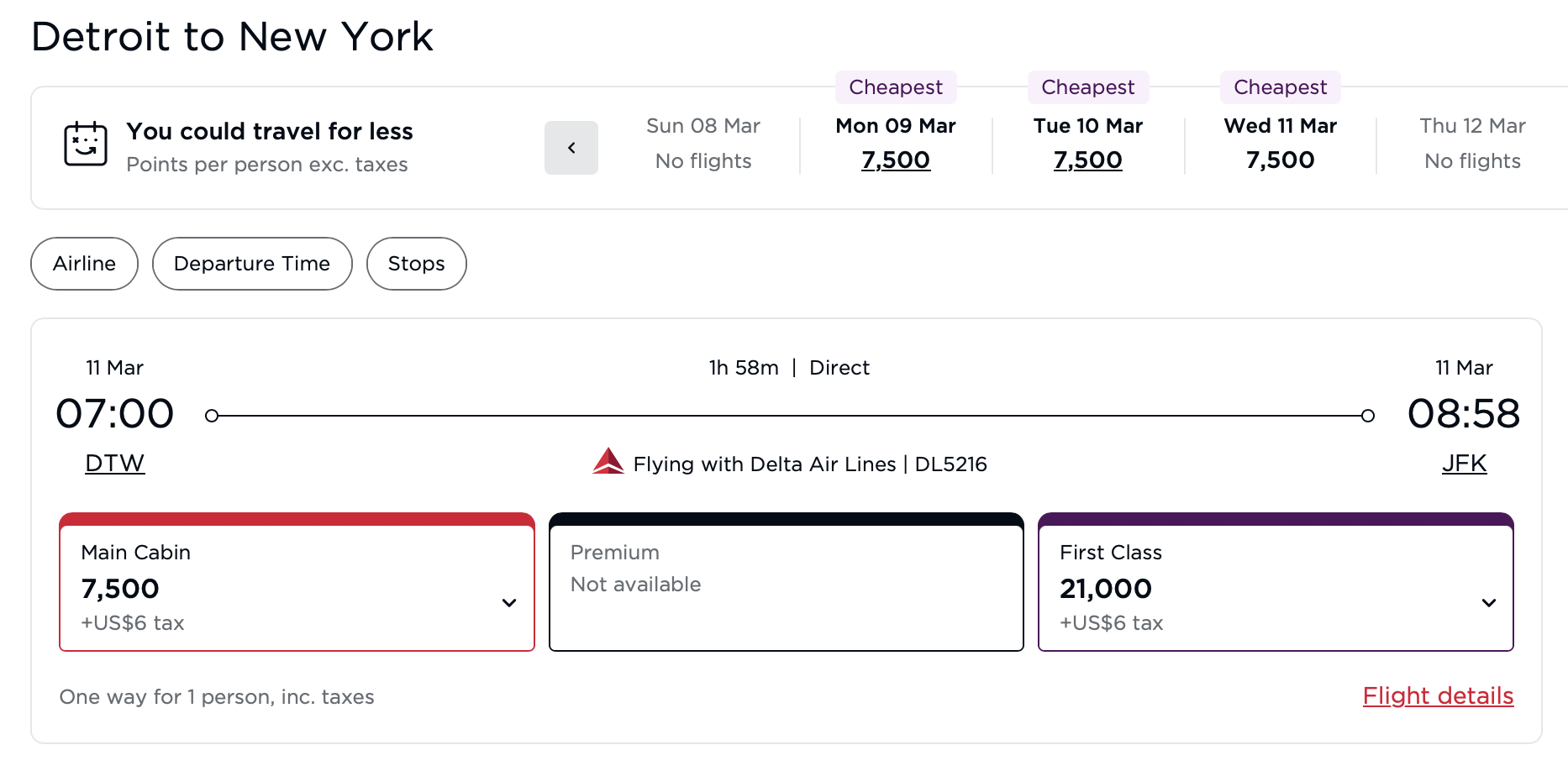 Screenshot showing Virgin Atlantic award search results from Detroit to New York Kennedy