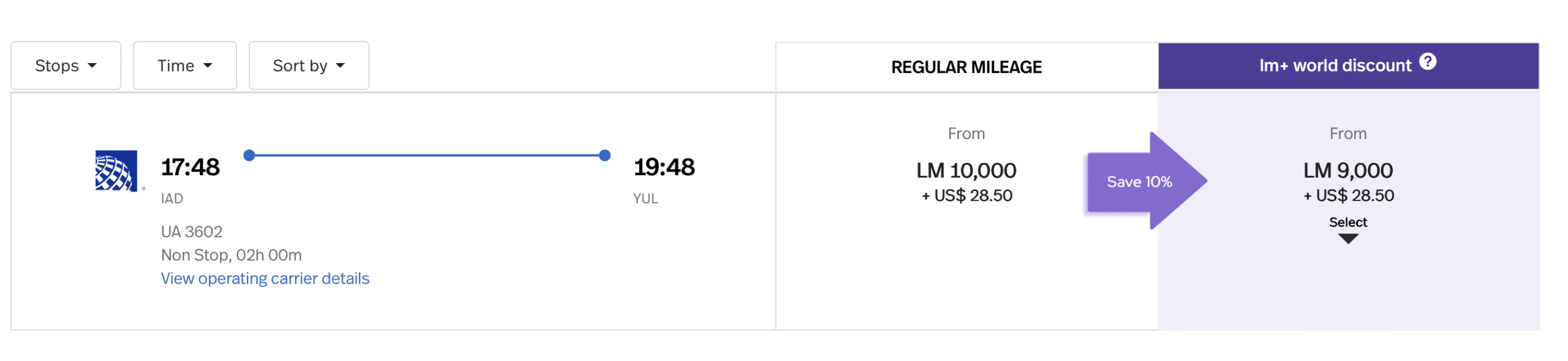 A screenshot of a flight from IAD to YUL booking with LifeMiles