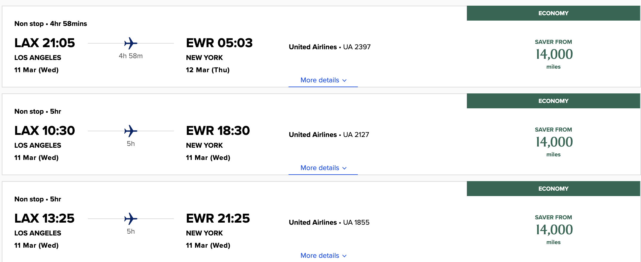 Screenshot showing Singapore KrisFlyer award search results showing 14,000-point awards from Los Angeles to Newark
