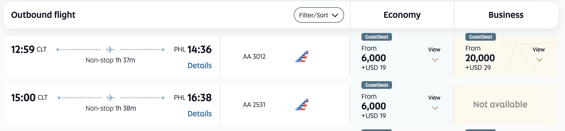 Screenshot showing Etihad Guest award search results from Charlotte to Philadelphia