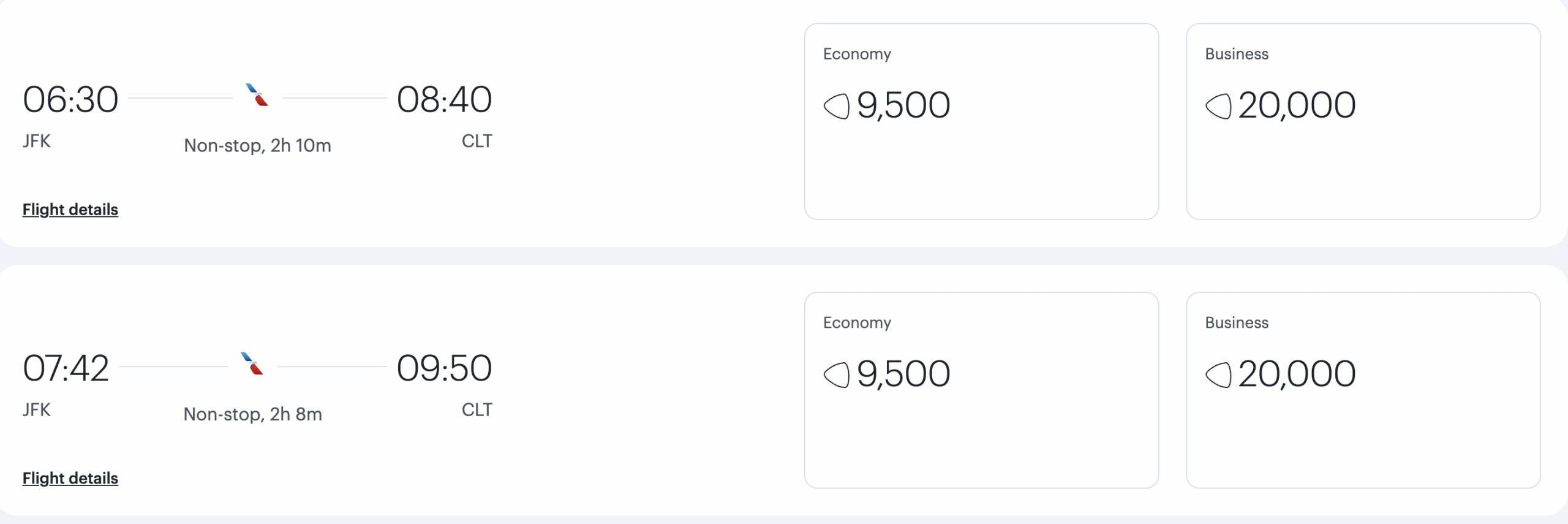 Screenshot of Qatar Privilege Club search results showing American Airlines awards from New York to Charlotte for 9,500 Avios