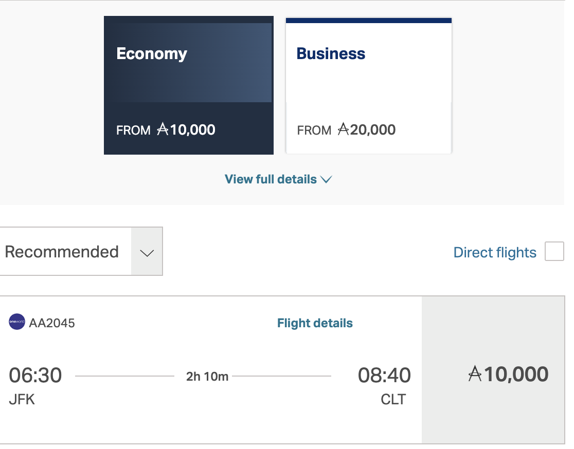 A screenshot of a flight from JFK to CLT on American Airlines booked through Cathay 