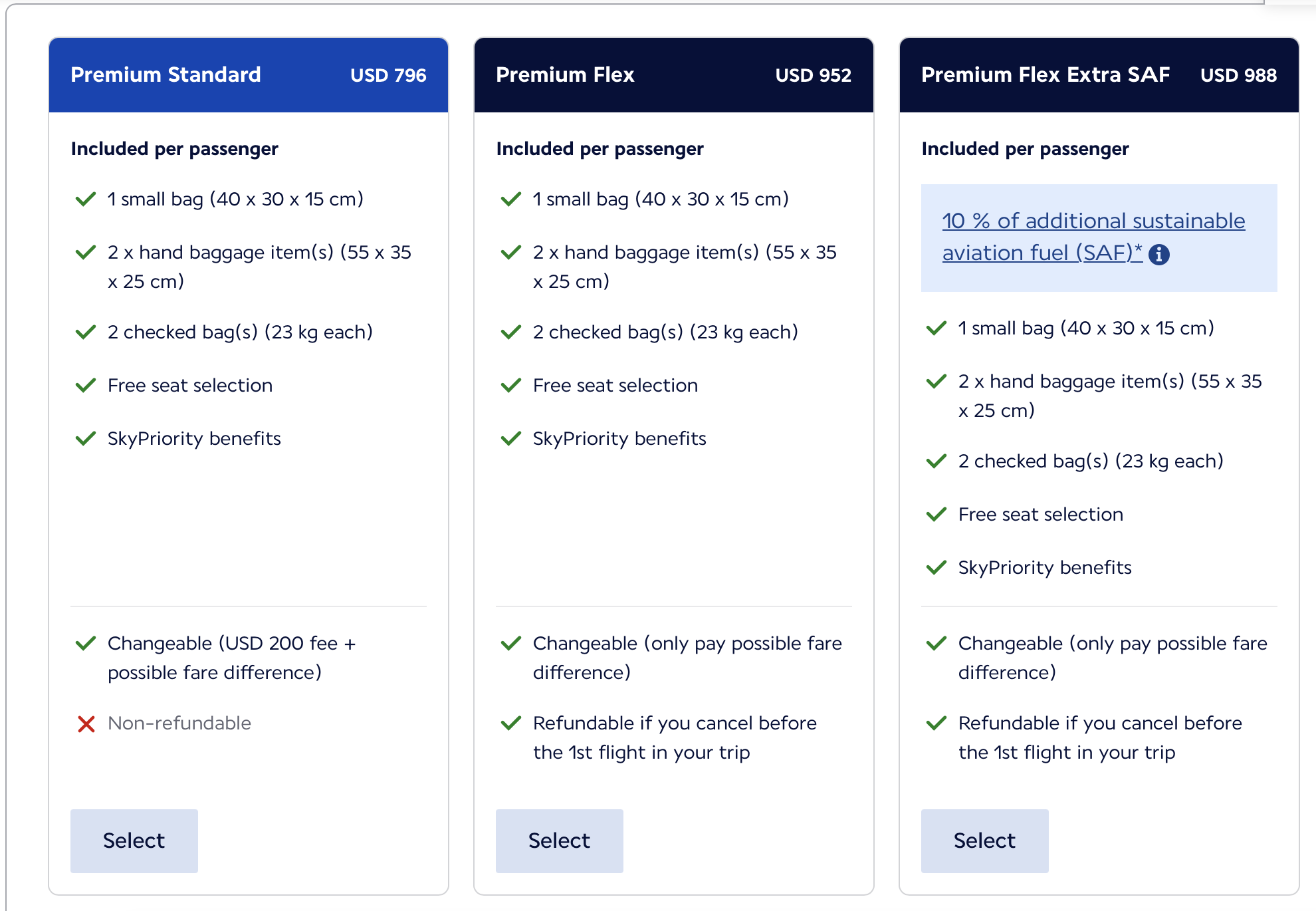 A screenshot of the premium economy fare breakdown