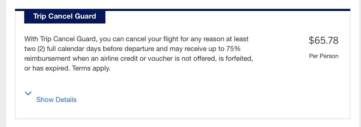 A screenshot of the Trip Cancel Guard quote through Amex Travel