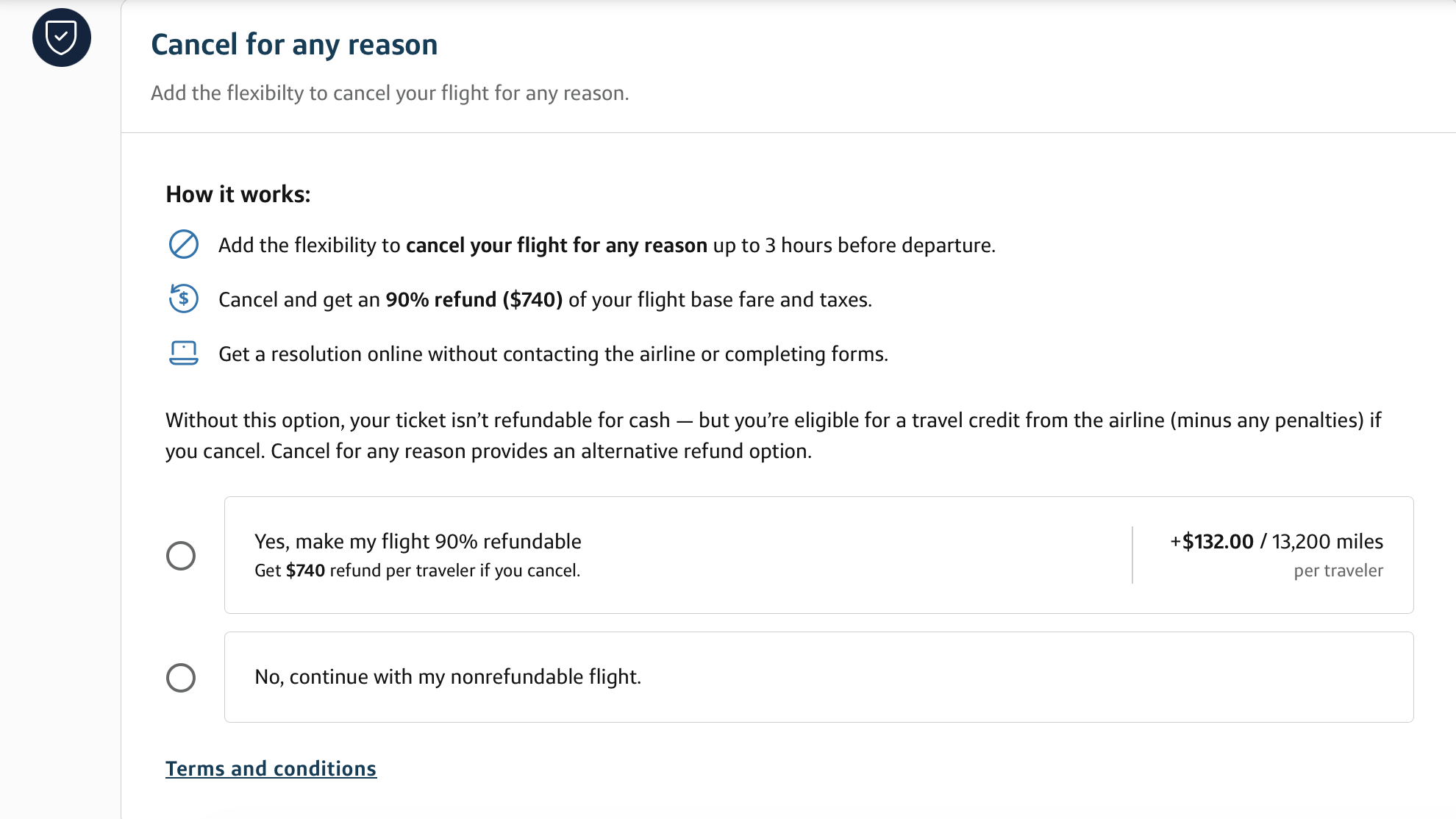 A screenshot showing the "cancel for any reason" policy through Capital One Travel