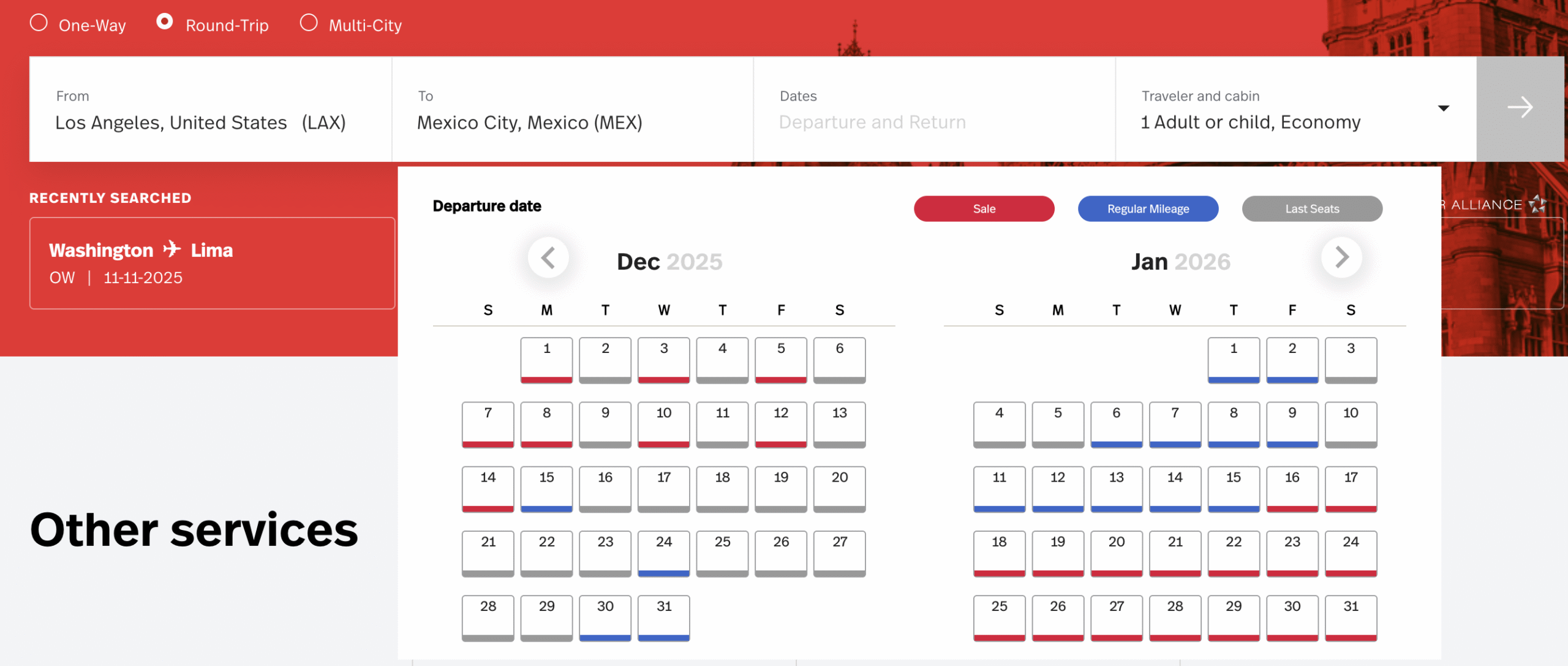 A screenshot showing a search from LAX to MEX through LifeMiles