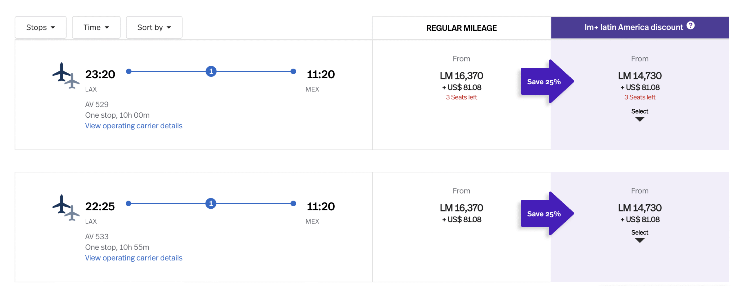 A screenshot showing two fight options on sale from LAX to MEX