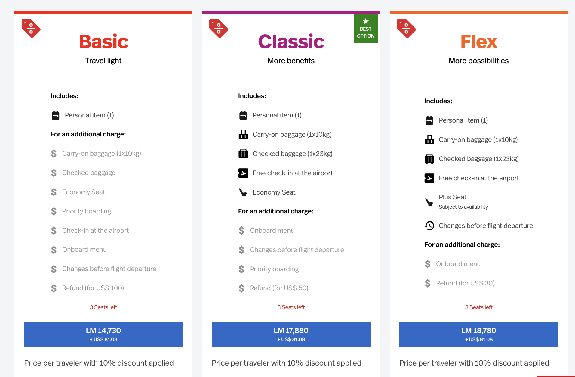 A screenshot showing basic, classic, and flex fares