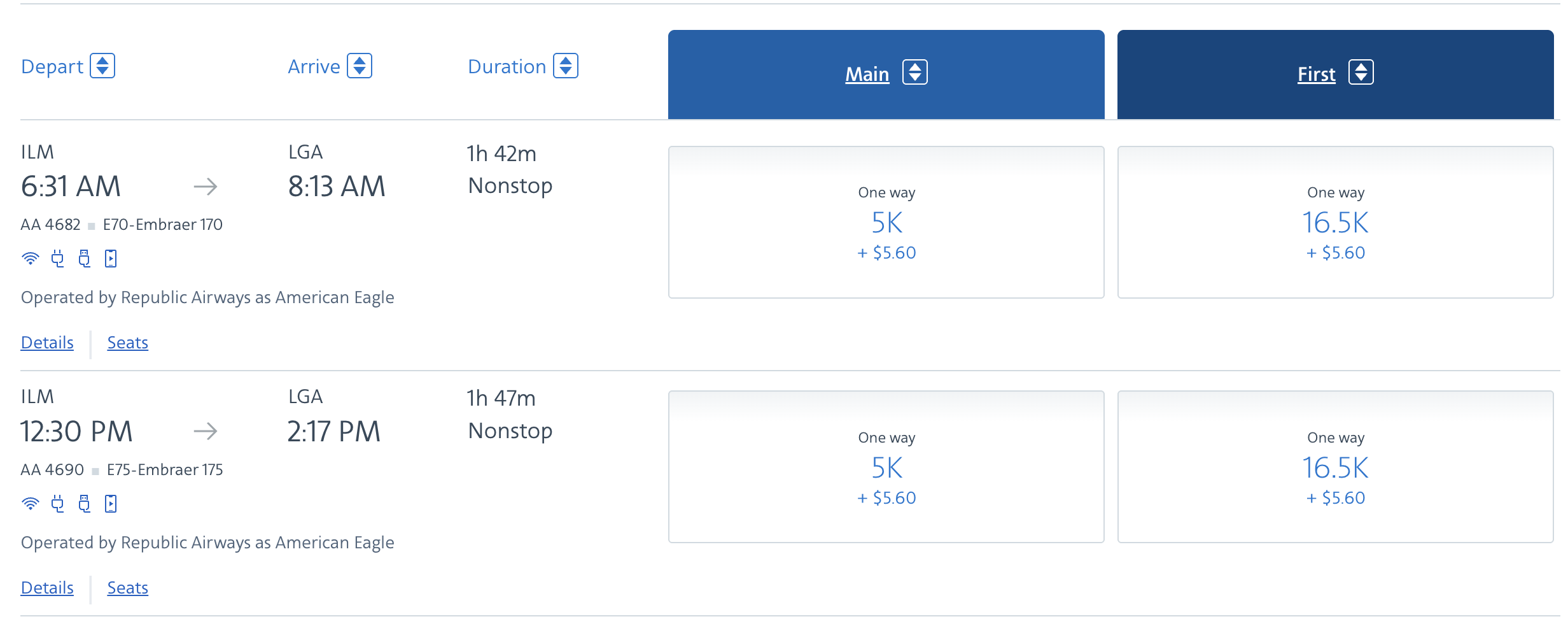 A screenshot of two flight options from ILM to LGA