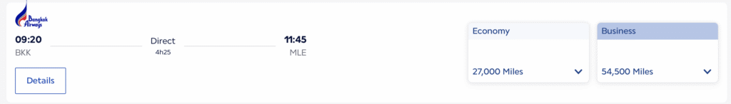 Bangkok to Male. Screenshot of Air France.