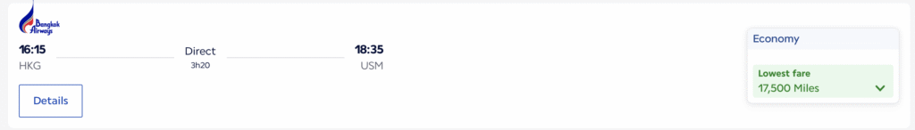 Hong Kong to Koh Samui. Screenshot of Air France.