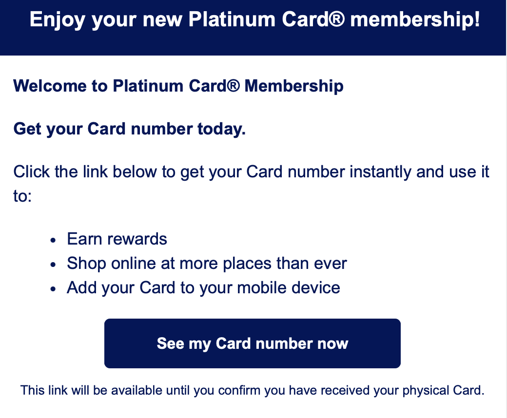 A screenshot of an email showing a virtual card number