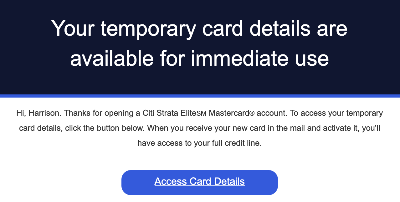 A screenshot of an email from Citi with a link to a temporary card number