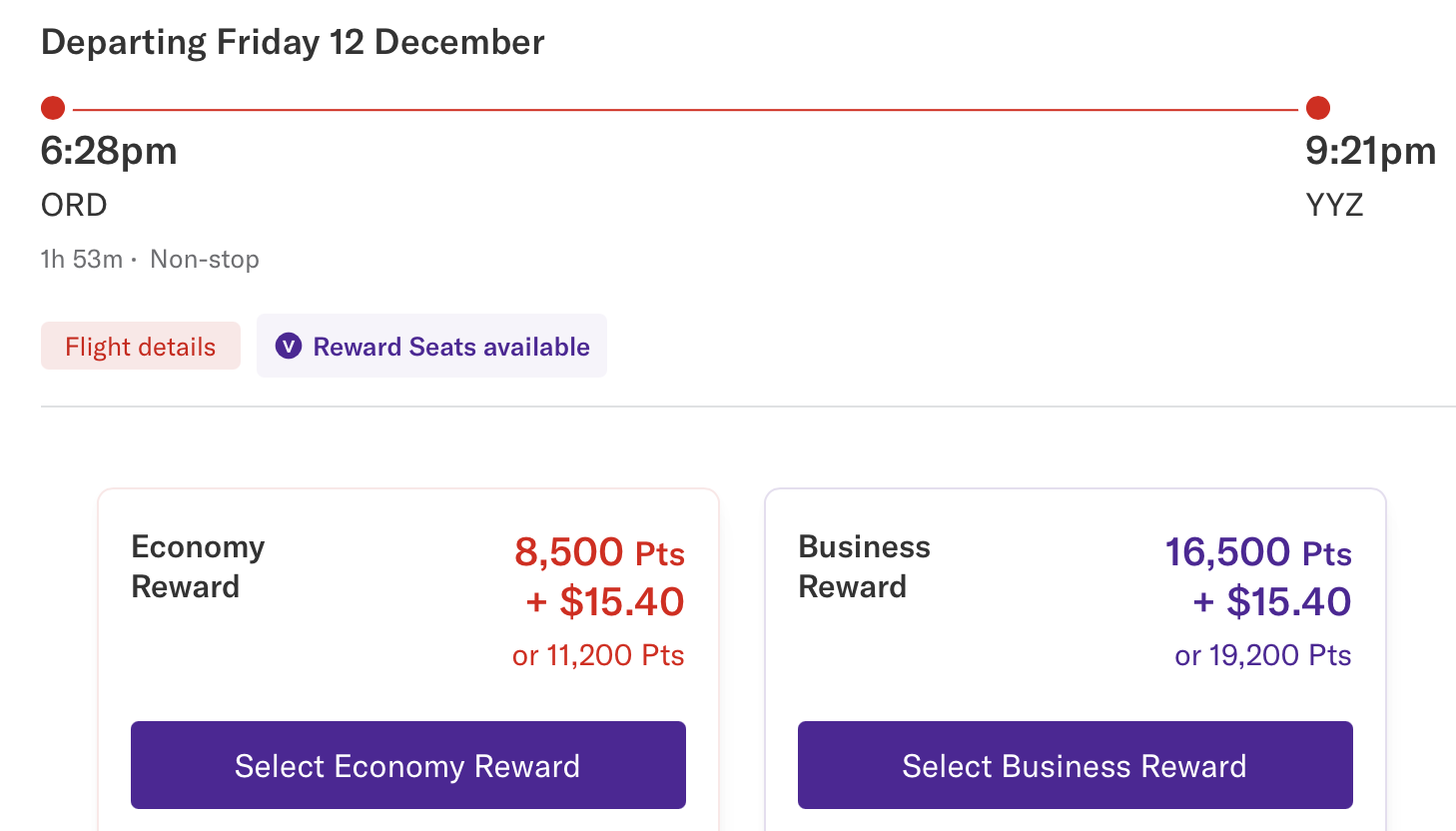 A screenshot of a flight from ORD to YYZ operated by United and booked through Virgin Australia