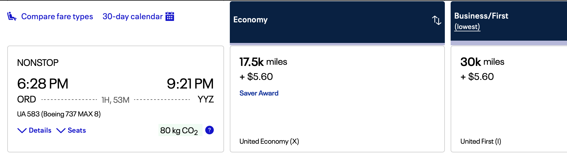 A screenshot of a flight from ORD to YYZ booked on United