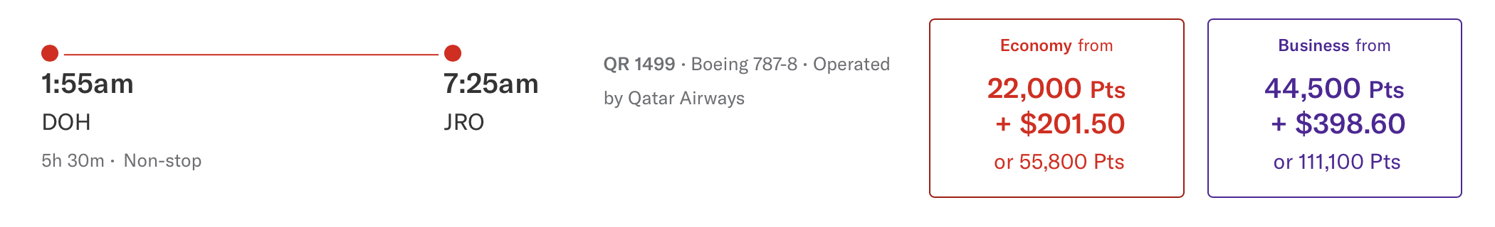 A screenshot of a flight from DOH to JRO operated by Qatar