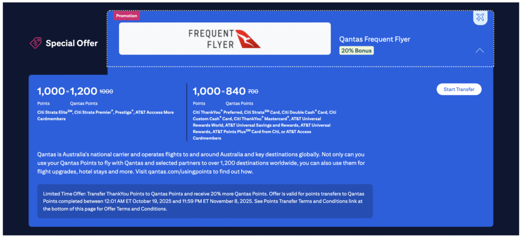 Citi ThankYou points transfer bonus for Qantas