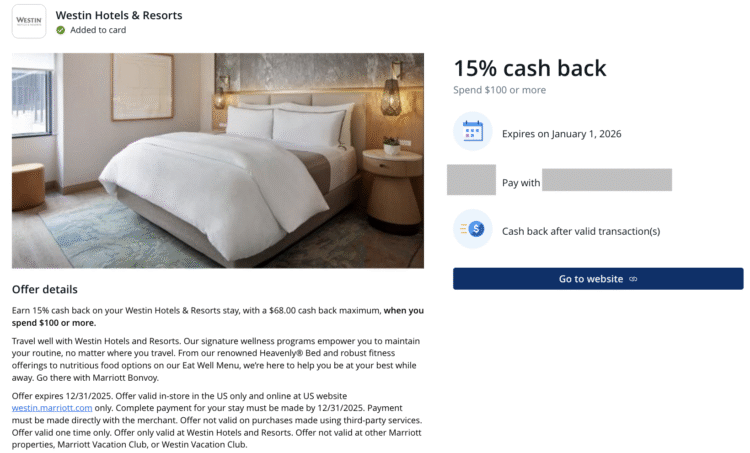 15% back at Westin Hotels