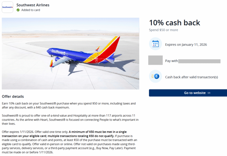Screenshot of Chase Offers for Southwest