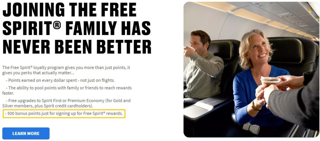 Spirit Airlines 500 Points New Member Bonus Highlighted