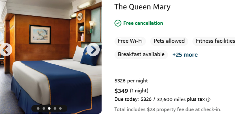 A screenshot from Capital One Travel shows that you can book aboard the Queen Mary.