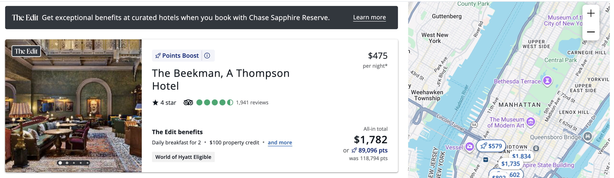 Screenshot of Chase Travel showing The Edit properties