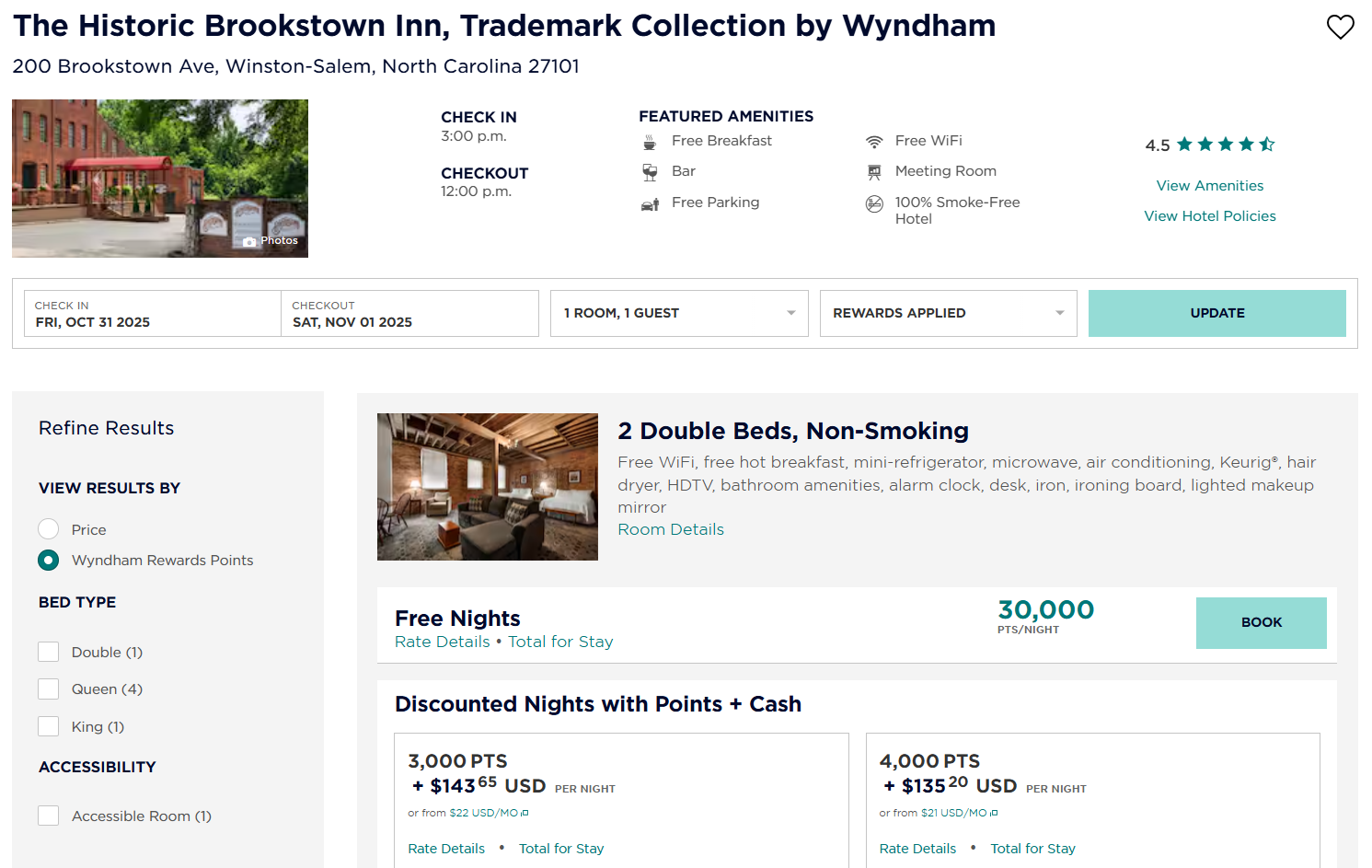 Wyndham Rewards pricing at The Historic Brookstown Inn